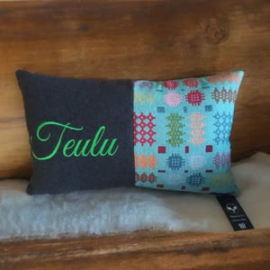 Teulu Welsh Blanket style Green  Cushion-Personalised Cushion- Quote Cushion-welsh tapestry Design Rectangle cushion.