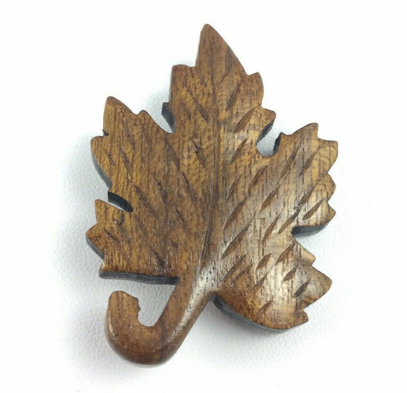 Vintage Carved Wood Maple Leaf Pin Brooch Signed Joe Klaus Figural Natural Nature