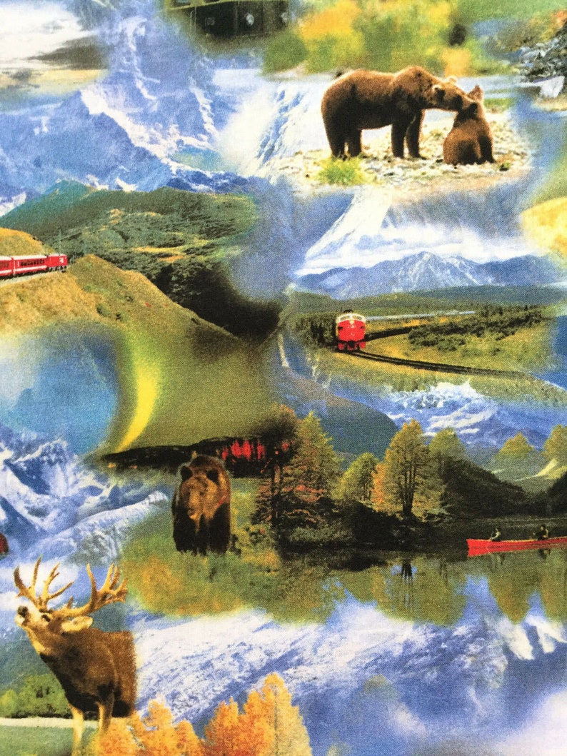 Mountain Adventure Train Fabric Bear Snow Moose Travel Backroads Experience RJR Nature Wildlife Alaska