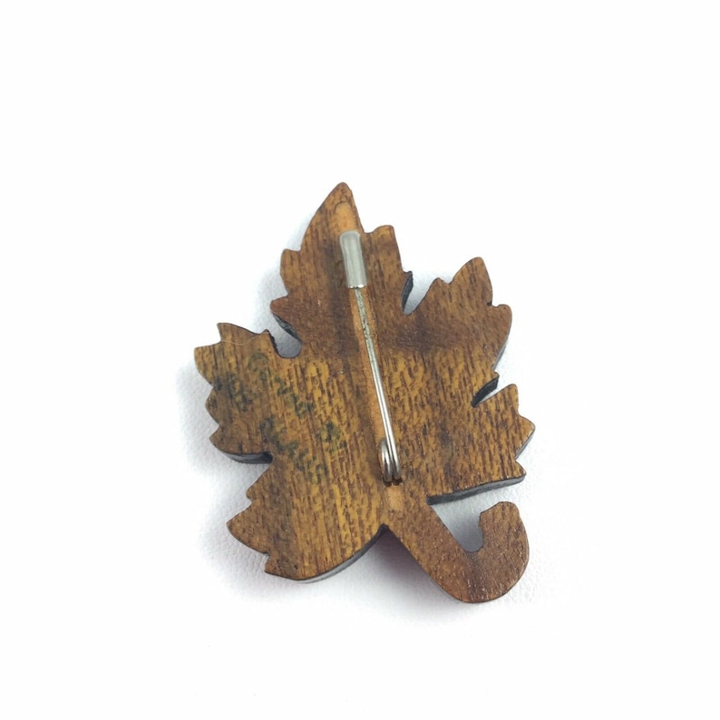 Vintage Carved Wood Maple Leaf Pin Brooch Signed Joe Klaus Figural Natural Nature
