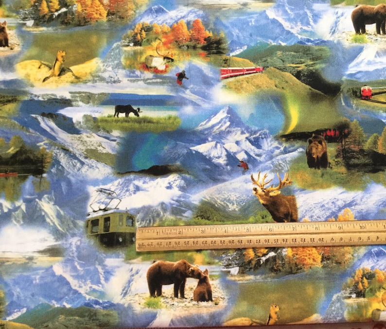 Mountain Adventure Train Fabric Bear Snow Moose Travel Backroads Experience RJR Nature Wildlife Alaska