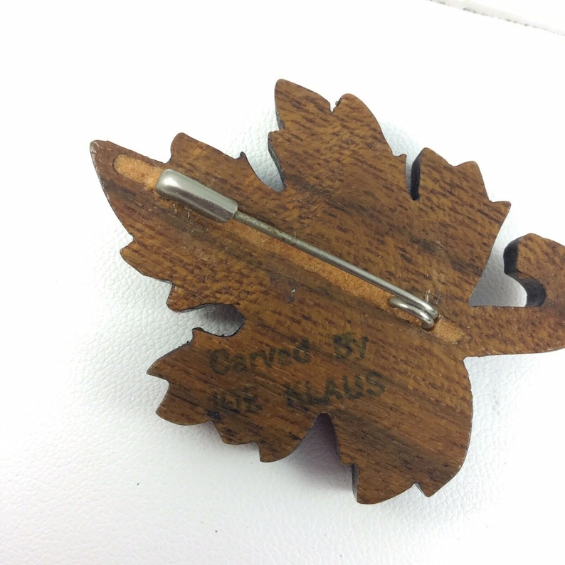 Vintage Carved Wood Maple Leaf Pin Brooch Signed Joe Klaus Figural Natural Nature