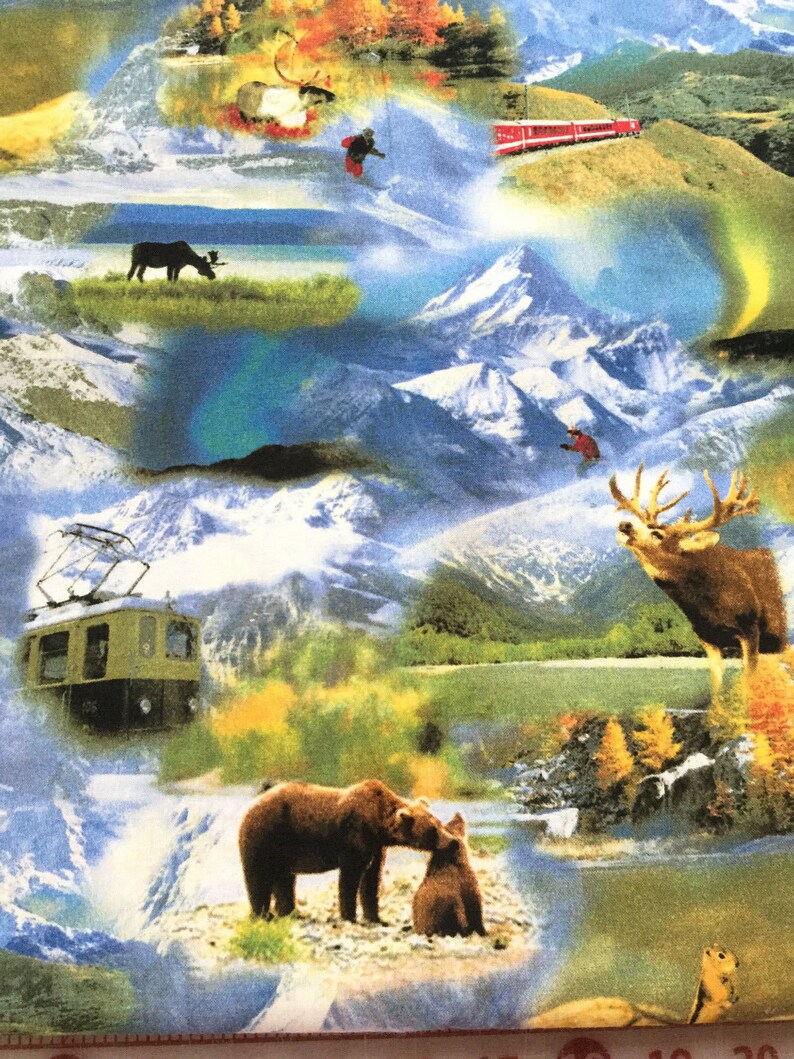 Mountain Adventure Train Fabric Bear Snow Moose Travel Backroads Experience RJR Nature Wildlife Alaska