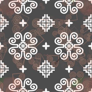 May include: A seamless pattern featuring a repeating design of white stylised swirls on a dark grey background. The swirls are arranged in a grid pattern and are surrounded by smaller white swirls.