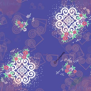 May include: A repeating pattern on a blue background featuring white, floral, and geometric designs. The pattern includes white swirls, floral bouquets with red and green accents, and decorative shapes. The overall design has a soft, feminine aesthetic.
