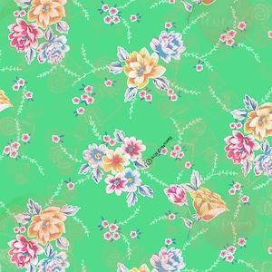 May include: A seamless pattern featuring a repeating design of colorful floral bouquets on a bright green background. The flowers are in shades of pink, yellow, blue, and white, with delicate green leaves and stems.