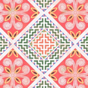 May include: A seamless pattern with a geometric design featuring red, white, green, and blue colours. The pattern includes a repeating motif of a stylised flower with a cross-shaped centre.