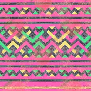 May include: A colourful geometric pattern with pink, yellow, green and black zigzags and stripes. The pattern is repeated throughout the image.
