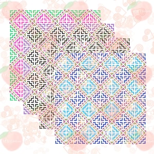 May include: A colourful geometric pattern with overlapping squares and a distressed, vintage look. The pattern is made up of various colours, including pink, blue, green, and brown.