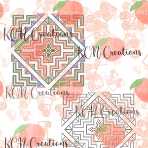 May include: Two black and white geometric designs with a peach background. The designs are made up of squares and triangles. The background is a watercolour peach pattern with the text "KCM Creations" repeated throughout.