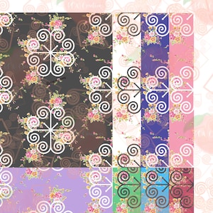 May include: A set of 10 digital paper patterns featuring a floral design with white swirls. The patterns are in various colours, including black, white, pink, blue, green, and red.
