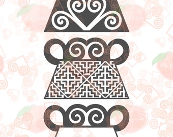 May include: Three black silhouette cake toppers with different geometric designs. The top topper has a swirling pattern, the middle topper has a checkered pattern, and the bottom topper is blank.