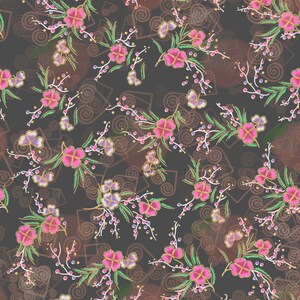 May include: A seamless pattern featuring pink flowers with gold accents on a dark brown background. The flowers are arranged in a repeating pattern with green leaves and white berries. The background is decorated with a subtle swirl pattern.