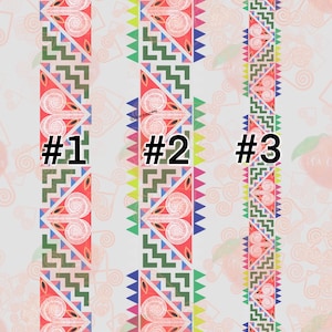 May include: Three vertical stripes of colourful geometric patterns with a white background. The stripes are labelled #1, #2, and #3. Each stripe features a repeating pattern of triangles, zigzags, and swirls.