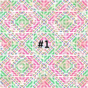 May include: A white background with a repeating pattern of pink, green, blue, and orange geometric shapes. The pattern is made up of triangles and squares. The number #1 is in the centre of the image.