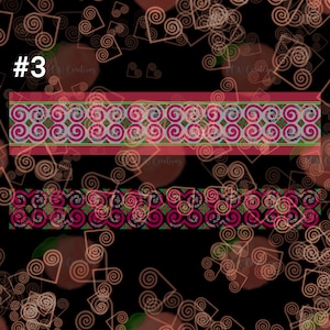 May include: A digital design featuring two horizontal stripes with a repeating pattern of pink and green swirls on a black background. The design is labeled #3.