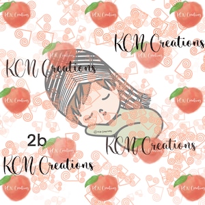 May include: A digital illustration of a sleeping child with peach-colored skin, brown hair, and a green shirt. The child is surrounded by a white background with a repeating pattern of peach fruit and swirls.