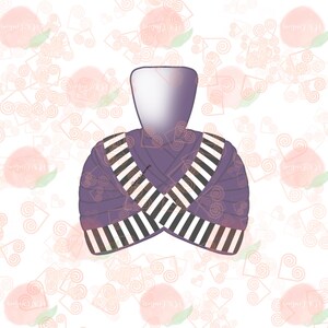 May include: A purple glass perfume bottle with a black and white striped design. The bottle is surrounded by a white background with pink and white floral patterns.