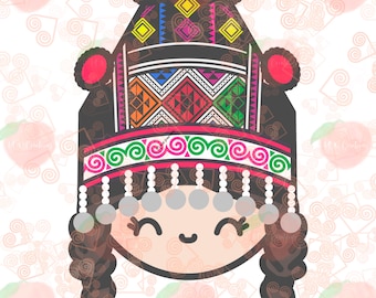 Hmong Girl, Stripe Hat, JPEG, PNG, Digital Download