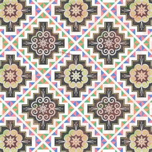 May include: A seamless pattern with a repeating geometric design. The pattern features a white background with black, brown, pink, blue, and green squares and triangles. The center of each square features a white floral design with a yellow center.