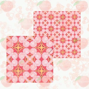 May include: Two seamless patterns with a red background and white and yellow geometric designs. The patterns feature intricate swirls and floral motifs.