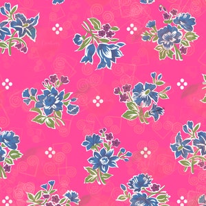 May include: A seamless pattern featuring pink and white floral bouquets with blue and green leaves on a bright pink background. The pattern is made up of repeating floral motifs with a swirling design.