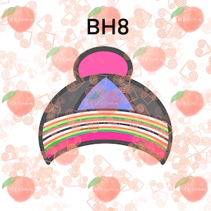 May include: A black and pink winter hat with a pom pom on top. The hat has a blue triangle and colorful stripes.