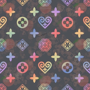 May include: A seamless pattern featuring a range of colourful geometric shapes and designs. The background is a dark grey with a subtle texture. The shapes include hearts, flowers, diamonds, and crosses. The colours are a mix of pink, blue, green, yellow, and orange.