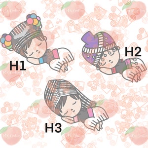 May include: Three cartoon illustrations of people sleeping. Each person is wearing a different colorful hat and traditional clothing. The background is a white pattern of peach-colored swirls.