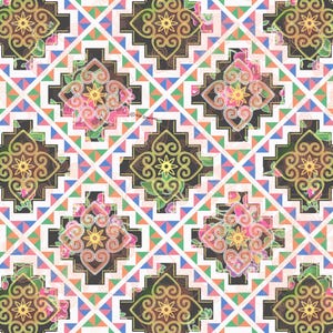 May include: A seamless pattern featuring a repeating geometric design with a white background. The pattern includes a series of squares and triangles in shades of blue, green, pink, and orange. The squares are filled with a floral design in shades of pink, yellow, and orange. The triangles are filled with a solid color.