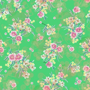 May include: A seamless pattern featuring pink and yellow flowers on a green background. The flowers are arranged in clusters and are surrounded by swirling lines.