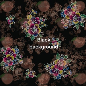 May include: A seamless pattern featuring colourful floral bouquets on a black background. The flowers are stylised and have a vintage feel. The background is filled with brown swirls and squares.