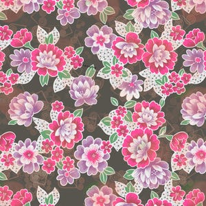 May include: A seamless pattern featuring pink and purple flowers with white centres on a dark brown background. The flowers are surrounded by green leaves and white polka dots.