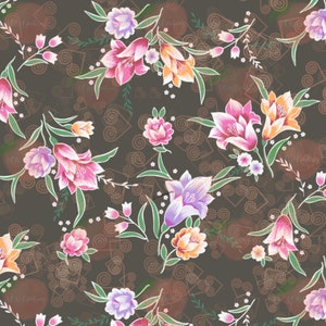 May include: A seamless pattern featuring pink, purple, and orange flowers with green leaves on a brown background. The flowers are stylised and have a vintage look. The background is filled with brown swirls.