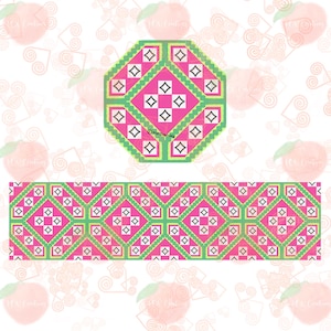 May include: A pink and green geometric pattern with a repeating diamond shape. The pattern is in a square shape and a rectangular shape.