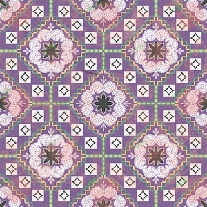 May include: A seamless pattern featuring a purple background with a repeating design of white, pink, and black floral motifs. The pattern is framed by a series of green, yellow, and white lines.