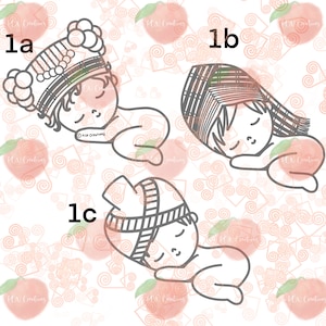 May include: Line art illustrations of three sleeping babies wearing different traditional headwear. The babies are in a curled-up position, with closed eyes, and are outlined in black. The background features a peach-colored pattern.