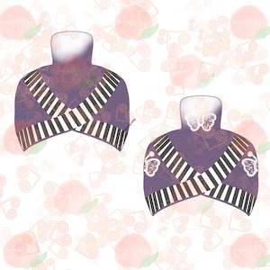 May include: Illustration of two purple tops with white collars. The tops have a geometric design with black and white stripes and decorative elements. The background features a pattern of peach-colored shapes.