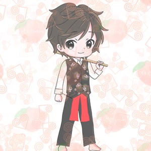 May include: A cartoon illustration of a person wearing a brown vest with a floral pattern, a red sash, and black pants. The person is holding a wooden stick in their right hand.