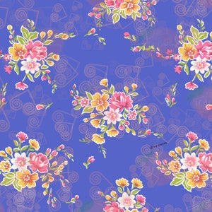 May include: A floral pattern on a blue backdrop. The design shows clusters of pink, yellow, and white flowers with green leaves. The background has a subtle pattern of swirls and shapes, creating a vintage feel.