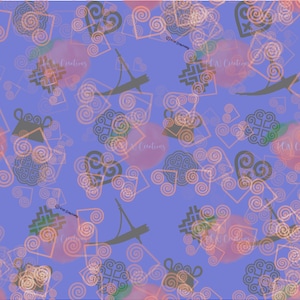 May include: A seamless pattern featuring a variety of Adinkra symbols in black on a light blue background. The symbols are overlaid with peach-coloured swirls and squares. The text "KM Creations" appears in the top and bottom borders of the pattern.