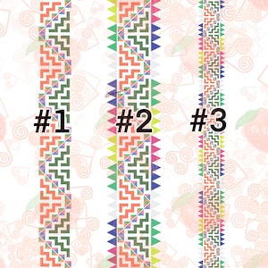 May include: Three vertical stripes with different geometric patterns. The first stripe is green and orange, the second is yellow, pink, blue, and green, and the third is blue, green, and orange. Each stripe is labelled with a number: #1, #2, and #3.