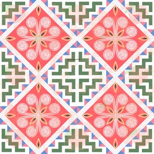 May include: A seamless pattern with a geometric design featuring red, green, blue, and white colours. The pattern includes a repeating diamond shape with a white floral design inside.