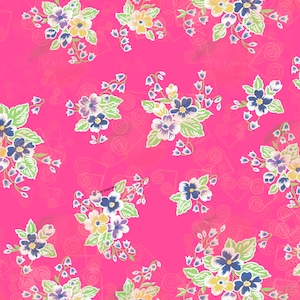 May include: A pink background with a repeating pattern of white, yellow, blue, and green floral bouquets. The flowers are stylised and have a vintage look.