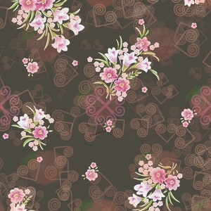 May include: A seamless pattern featuring pink and white flowers with green leaves on a brown background. The background also has a pattern of brown swirls and squares.