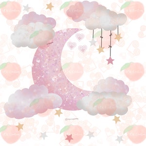 May include: A whimsical illustration featuring a pink crescent moon with glitter, surrounded by fluffy clouds, stars, and peach-colored fruit. The design has a dreamy, soft aesthetic, perfect for nursery decor or children's products.