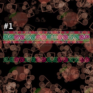 May include: A digital design featuring a black background with a repeating pattern of peach-colored swirls and squares. The design includes two horizontal stripes with a repeating pattern of pink, green, and white swirls. The text "#1" is in the top left corner of the design.