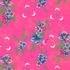 May include: A pink background with a repeating pattern of white crescent moons, stars, and blue and purple flowers. The flowers are arranged in clusters and have green leaves.