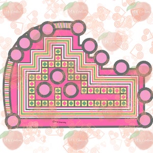 May include: A pink and green game board with a maze-like pattern and circles. The board is surrounded by a pink border with a striped pattern. The text "Kid Creations" is in the lower left corner.