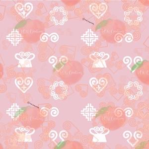 May include: A seamless pattern featuring peach-coloured watercolour peaches with white stylised swirls, hearts, and geometric shapes on a light pink background. The text "KN Creations" appears throughout the pattern.